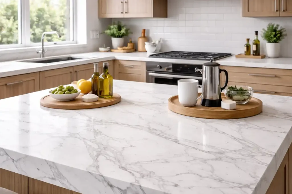 Modern kitchen with a white marble countertop, featuring delicate gray veins. The space is filled with natural light, highlighting the wood cabinetry and kitchen items such as olive oil bottles, fresh herbs, and a French press.