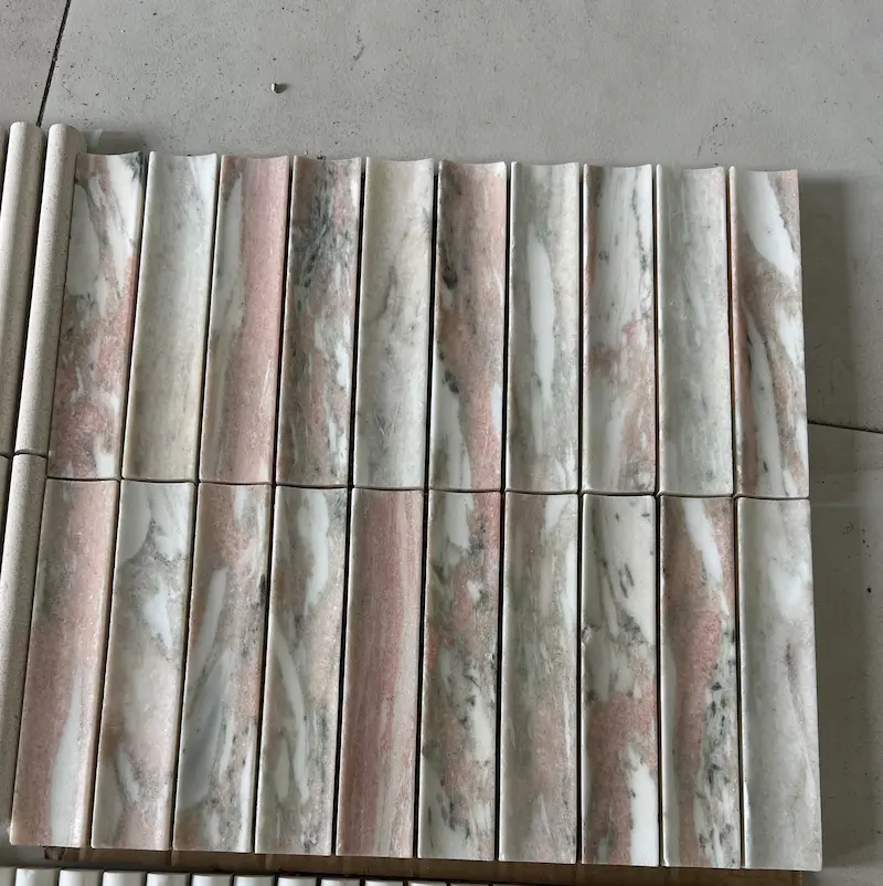 pink marble mosaic, marble wall mosaic, matte stone mosaic, luxury boutique wall tile, hotel feature wall tile, interior wall cladding, mesh-backed mosaic tile, custom marble mosaic, natural stone mosaic, decorative wall tile