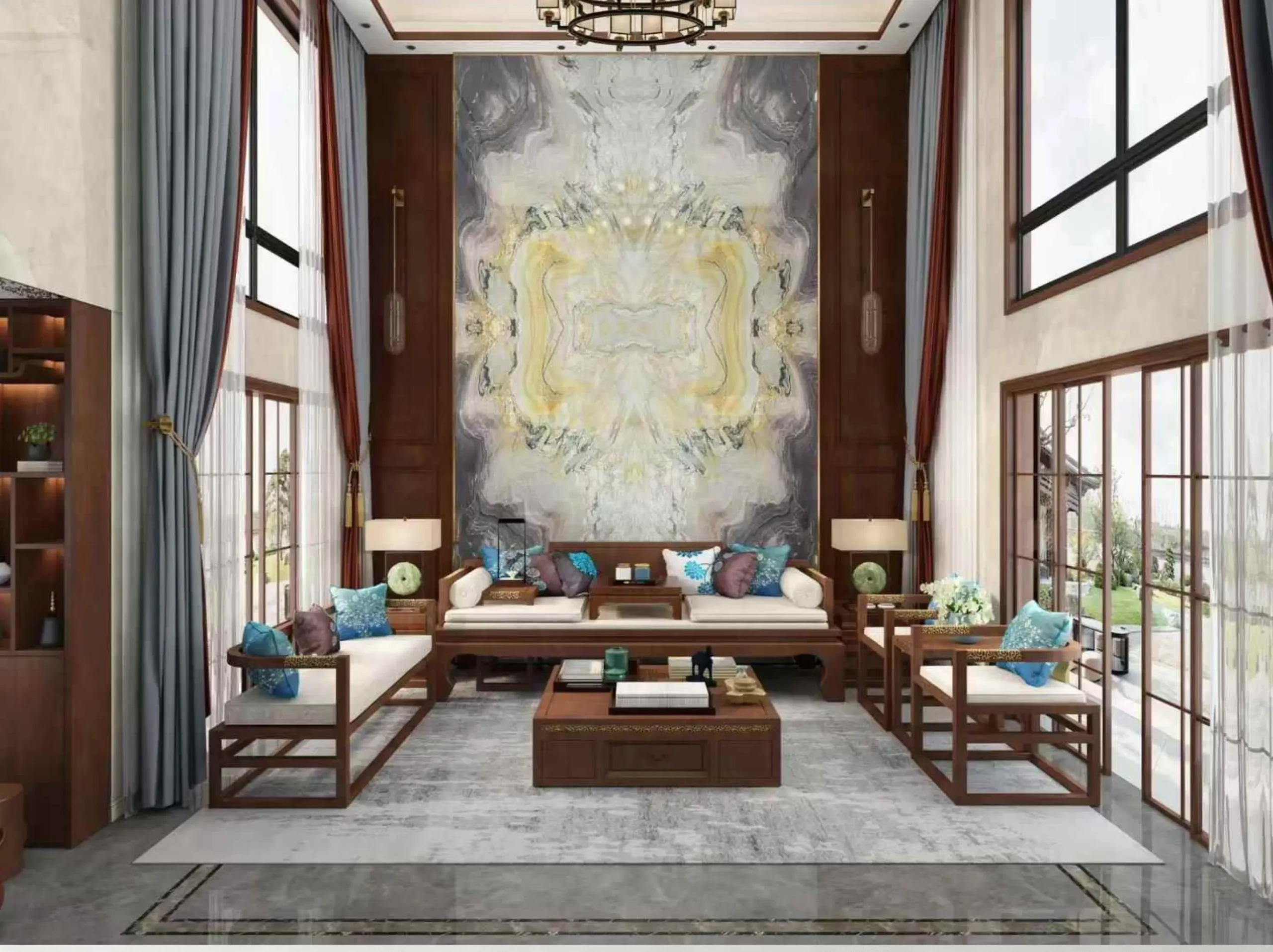 aqua-royal-quartzite-bookmatched-living-room-wall-03.webp aqua royal quartzite bookmatched living room wall for luxury residence