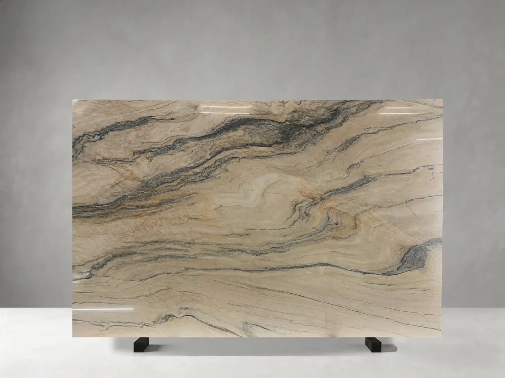aqua royal quartzite slab with horizontal grey veining for wall cladding and island tops