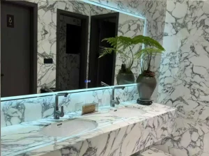 arabescato marble bathroom vanity top and wall cladding application
