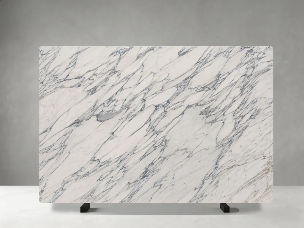 arabescato marble slab with linear grey veining for luxury interiors