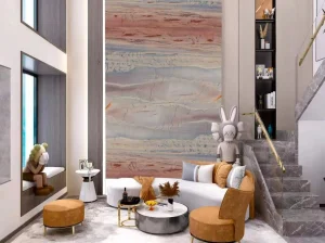 azul macaubas quartzite living room wall panel with soft blue beige veins