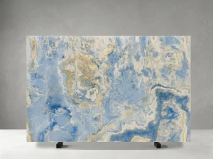 blue aqua gold onyx slab with cloudy blue crystal pattern for luxury feature walls