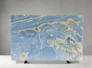blue aqua gold onyx slab with soft aqua and gold veins for island tops