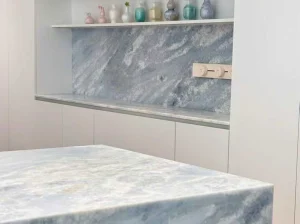 blue crystal marble kitchen island backsplash application