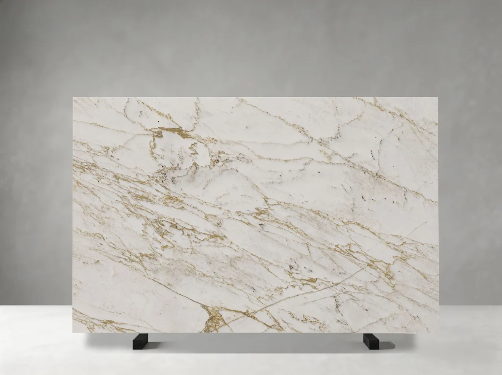 calacatta venatina marble slab with gold and grey veins