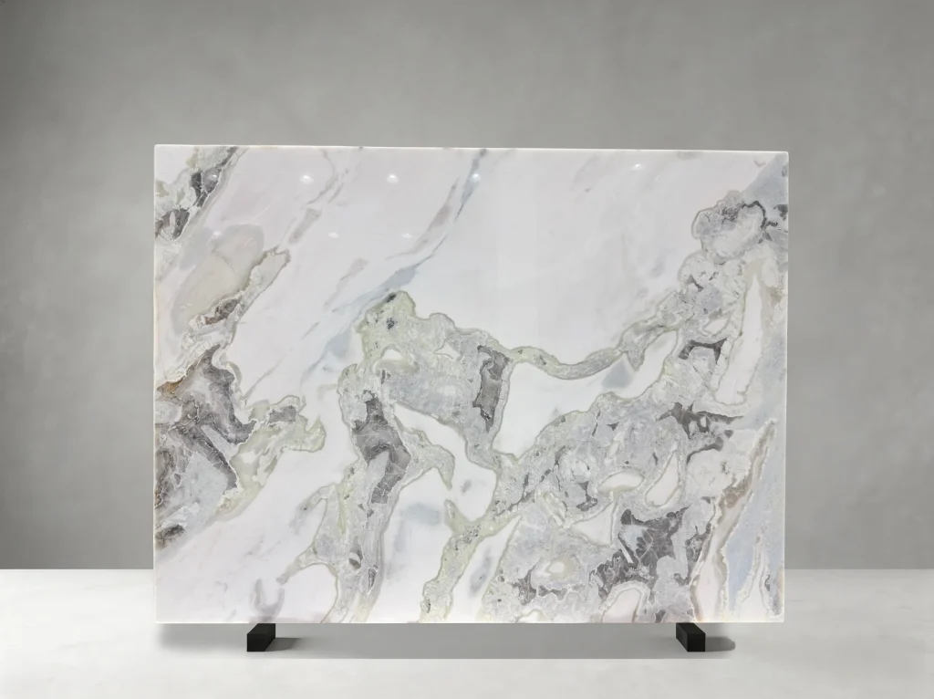 caribbean island marble slab with pale green mineral movement for custom stone projects