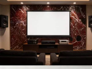 cherry red marble feature wall for luxury home theater interior