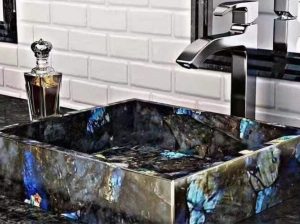 lemurian blue granite bathroom sink polished blue iridescent stone surface