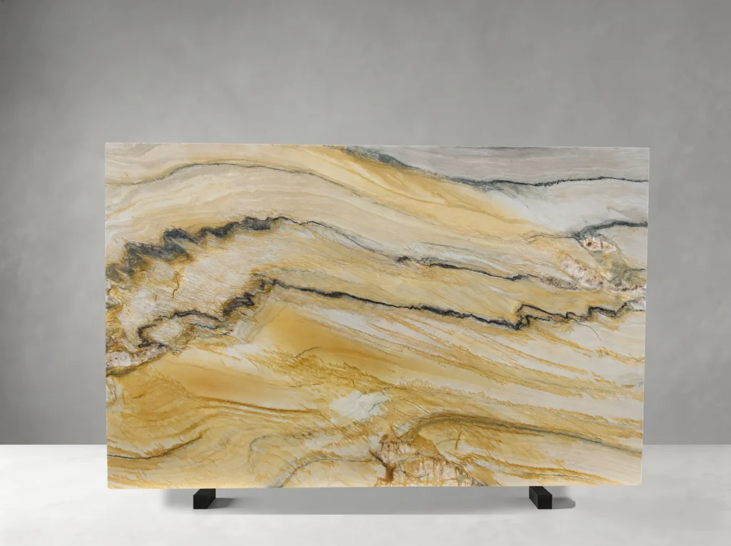 macaubas fantasy quartzite custom slab with linear gold movement