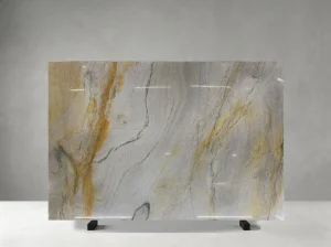 macaubas quartzite custom slab with cream gold movement