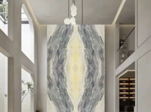 bookmatched ocean blue quartzite wall panel for luxury lobby design