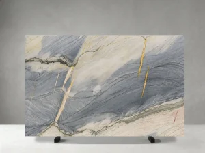 ocean blue quartzite slab with grey blue movement and gold veins