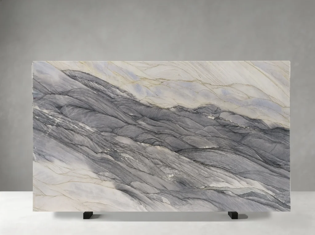 ocean blue quartzite slab with landscape style grey blue vein movement