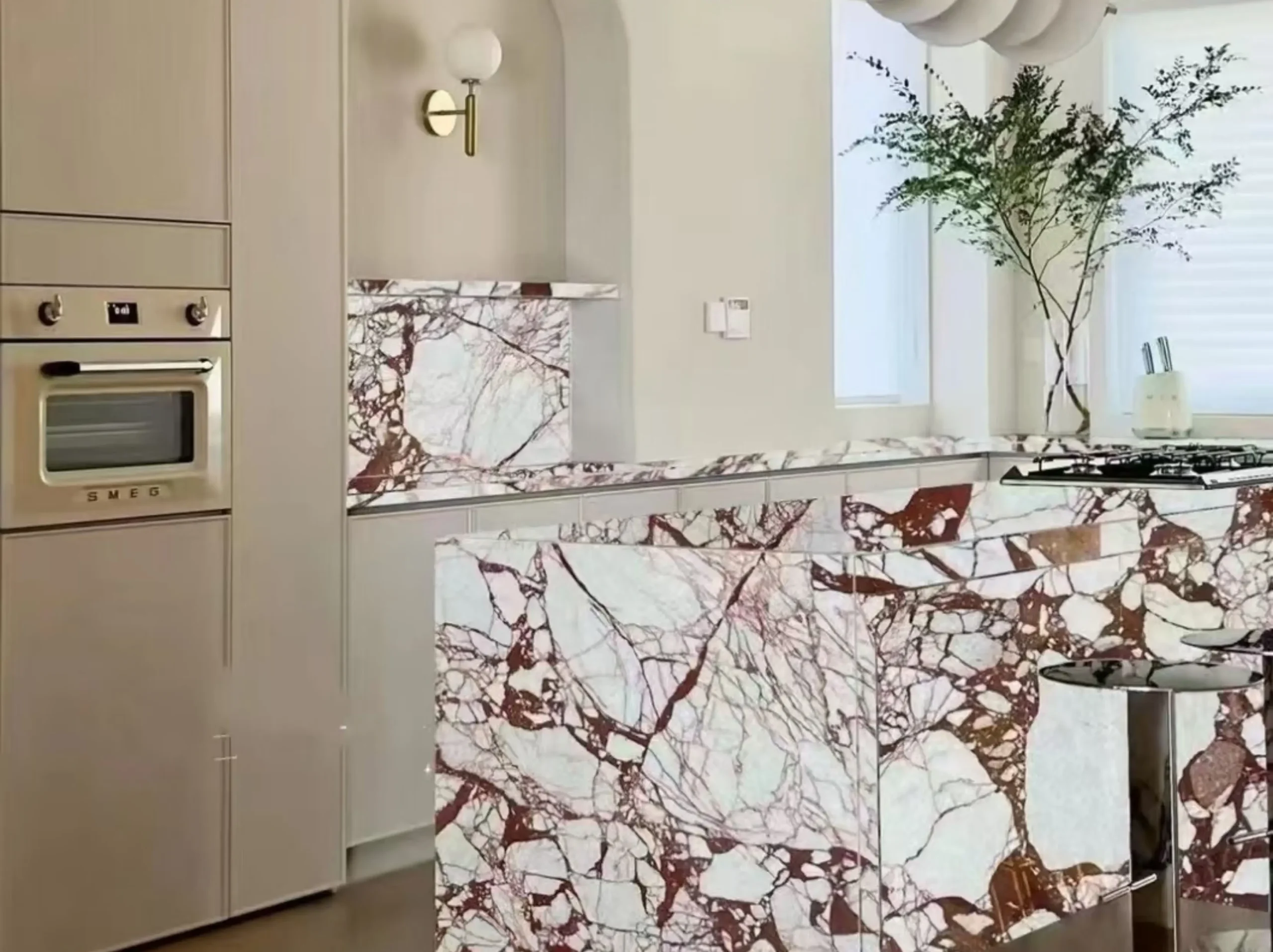 red-burberry-marble-kitchen-island-application-03.webp red burberry marble kitchen island top for luxury interior project