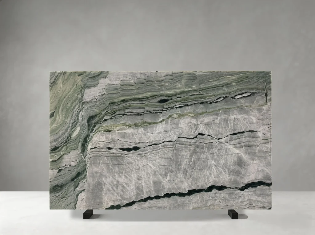 river jade marble slab with linear green grey and dark veining