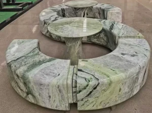 river jade marble round table and curved seating for custom stone furniture