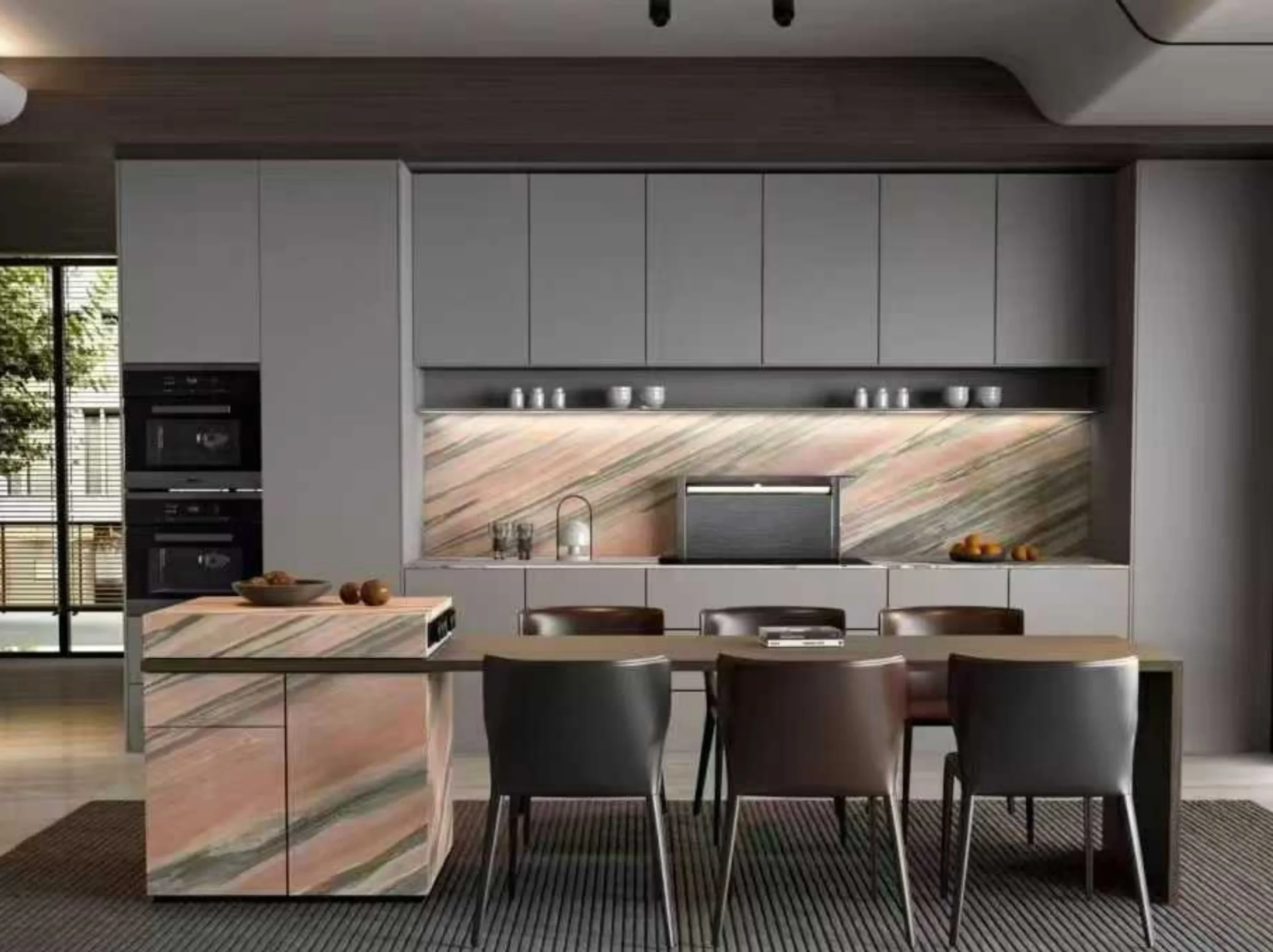 rosa-portugal-marble-kitchen-island-backsplash-design.webp Rosa Portugal Marble kitchen island and backsplash in modern luxury kitchen design