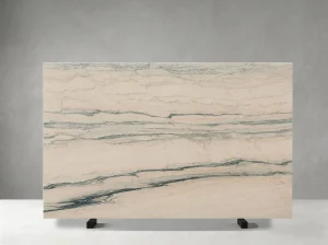 Rosa Portugal Marble slab with linear grey-green veins on pink beige background
