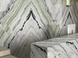shangri-la emerald marble bookmatch wall and island top for luxury interiors