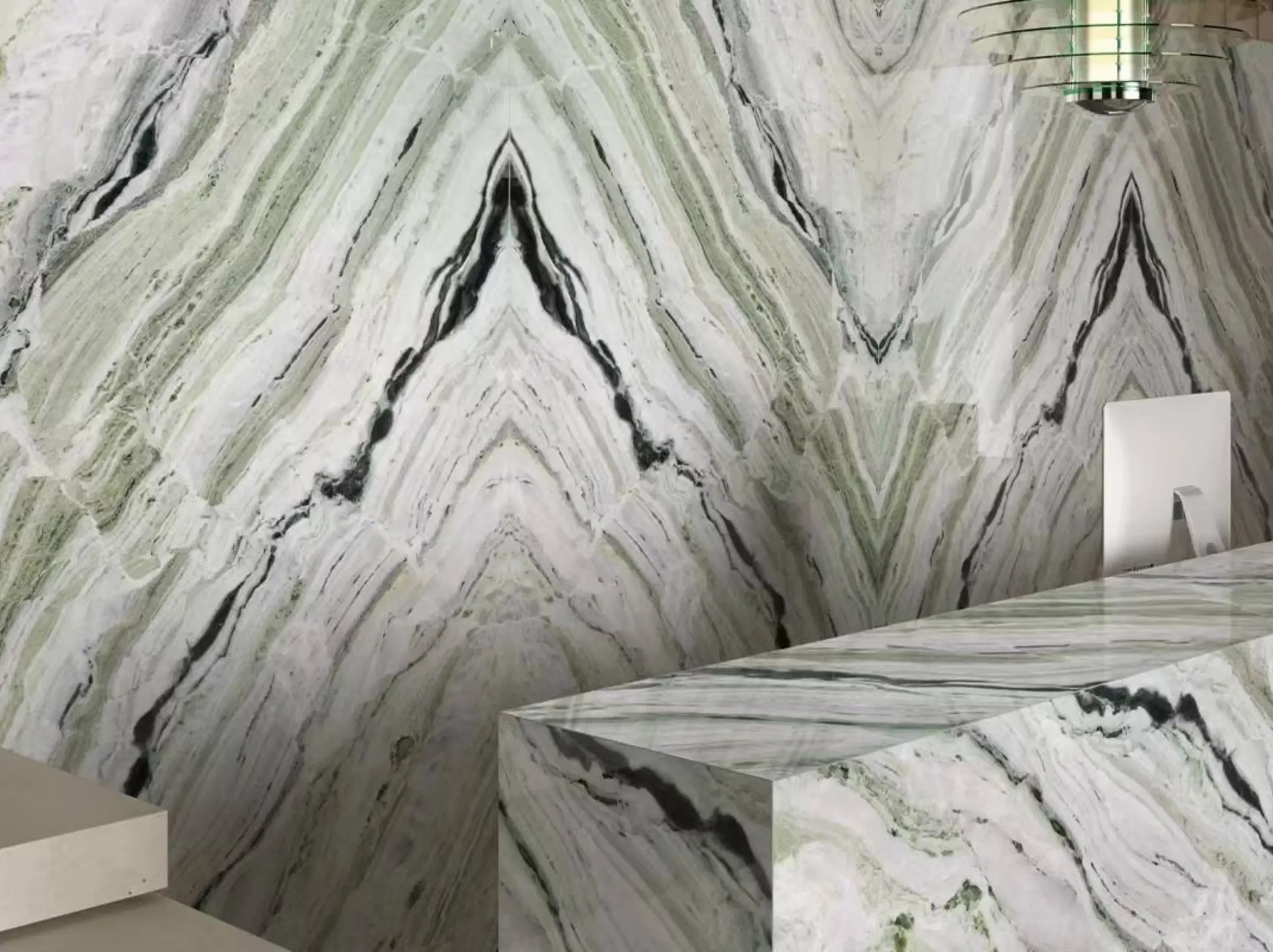 shangri-la-emerald-marble-bookmatch-wall-island-top-01.webp shangri-la emerald marble bookmatch wall and island top for luxury interiors