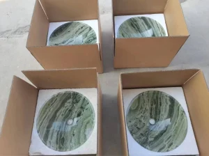 shangri la green marble round sinks packed for export
