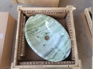shangri la jade marble oval sink packed in export wooden crate