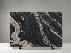 titanium granite custom slab with black base and natural white vein pattern