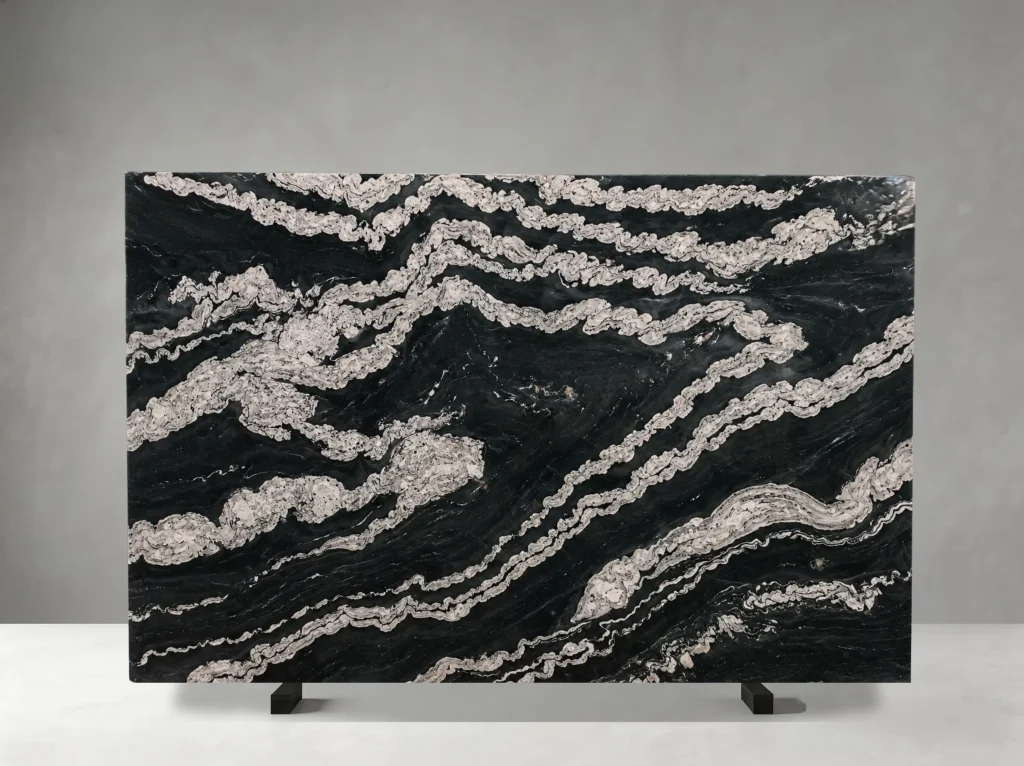 titanium granite slab with horizontal white mineral veins