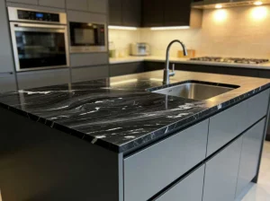 titanium granite kitchen countertop with black and white natural veins