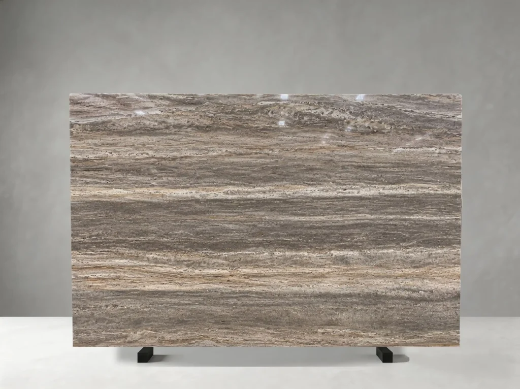 titanium silver travertine slab silver grey banding natural stone surface