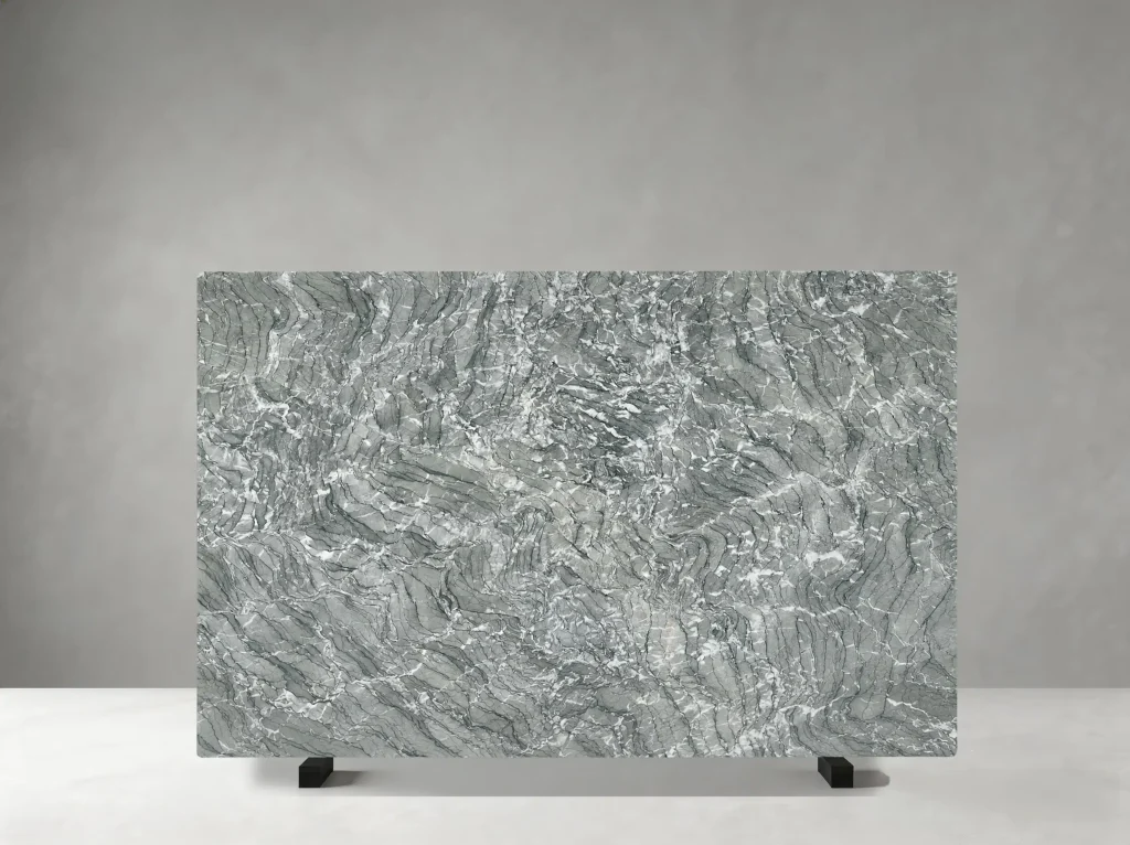 verde antigua marble slab with layered white veining for luxury interiors