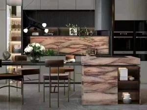verde lara granite kitchen island and backsplash for luxury interior project