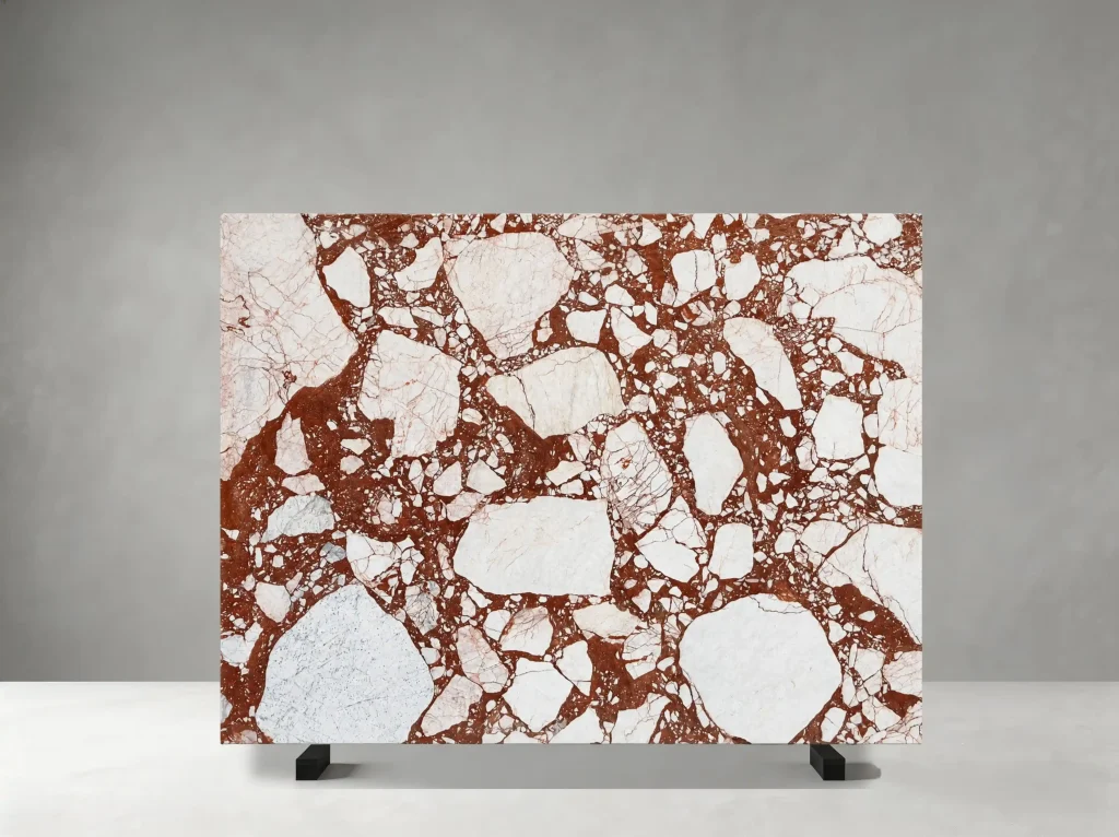 viola red marble slab with large white fragments for custom interiors