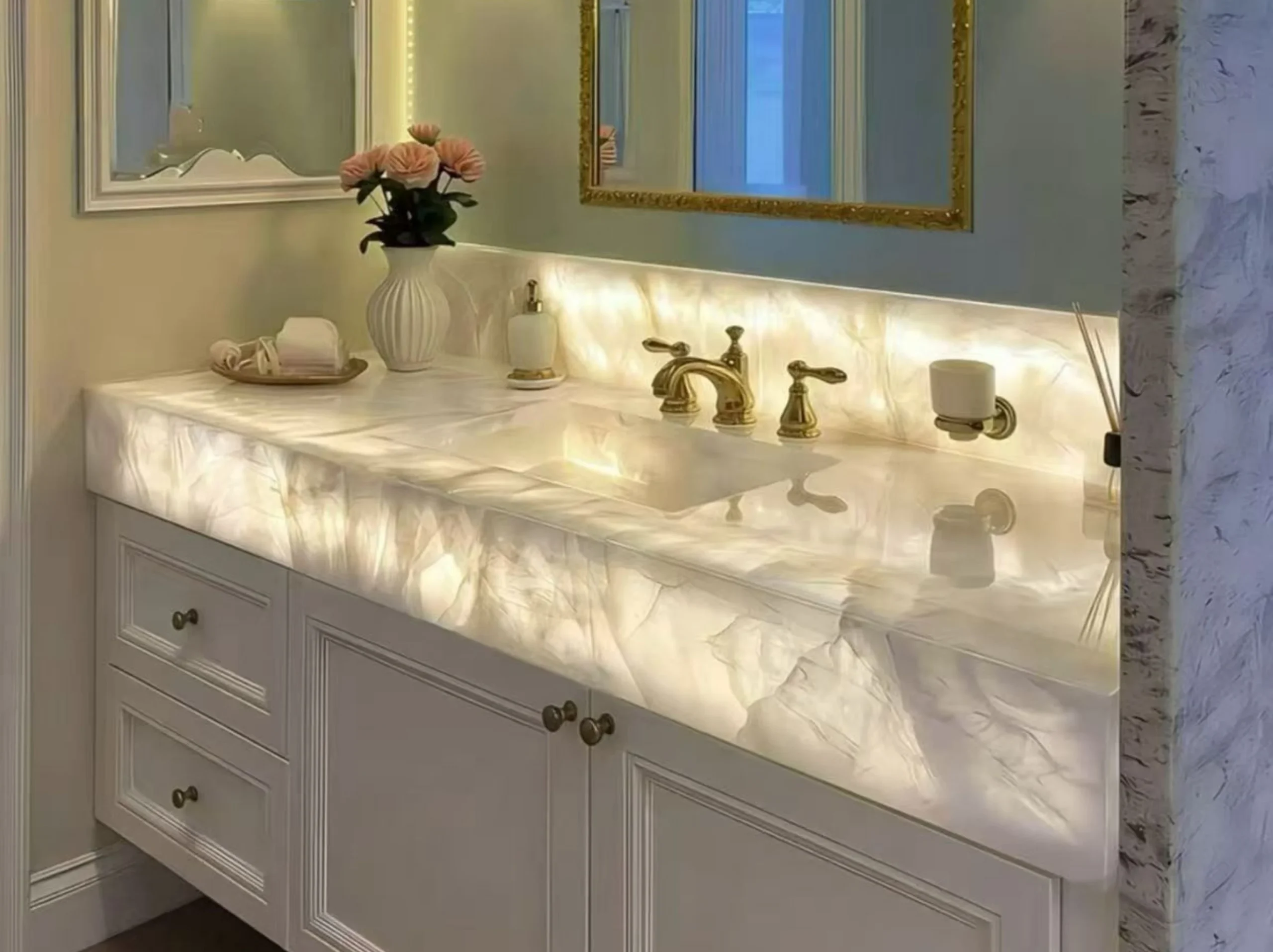 alba-crystal-quartzite-custom-shaped-table-top-02.webp This image shows Alba Crystal Quartzite fabricated as a backlit vanity top with an integrated sink area. The soft ice-white crystal texture, translucent stone depth, and polished surface make it suitable for bathroom vanities, powder rooms, backlit counters, luxury furniture, and high-end interior stone projects.