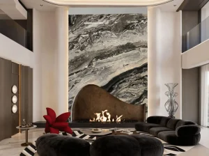 arabescato grigio marble living room fireplace wall with grey black pattern