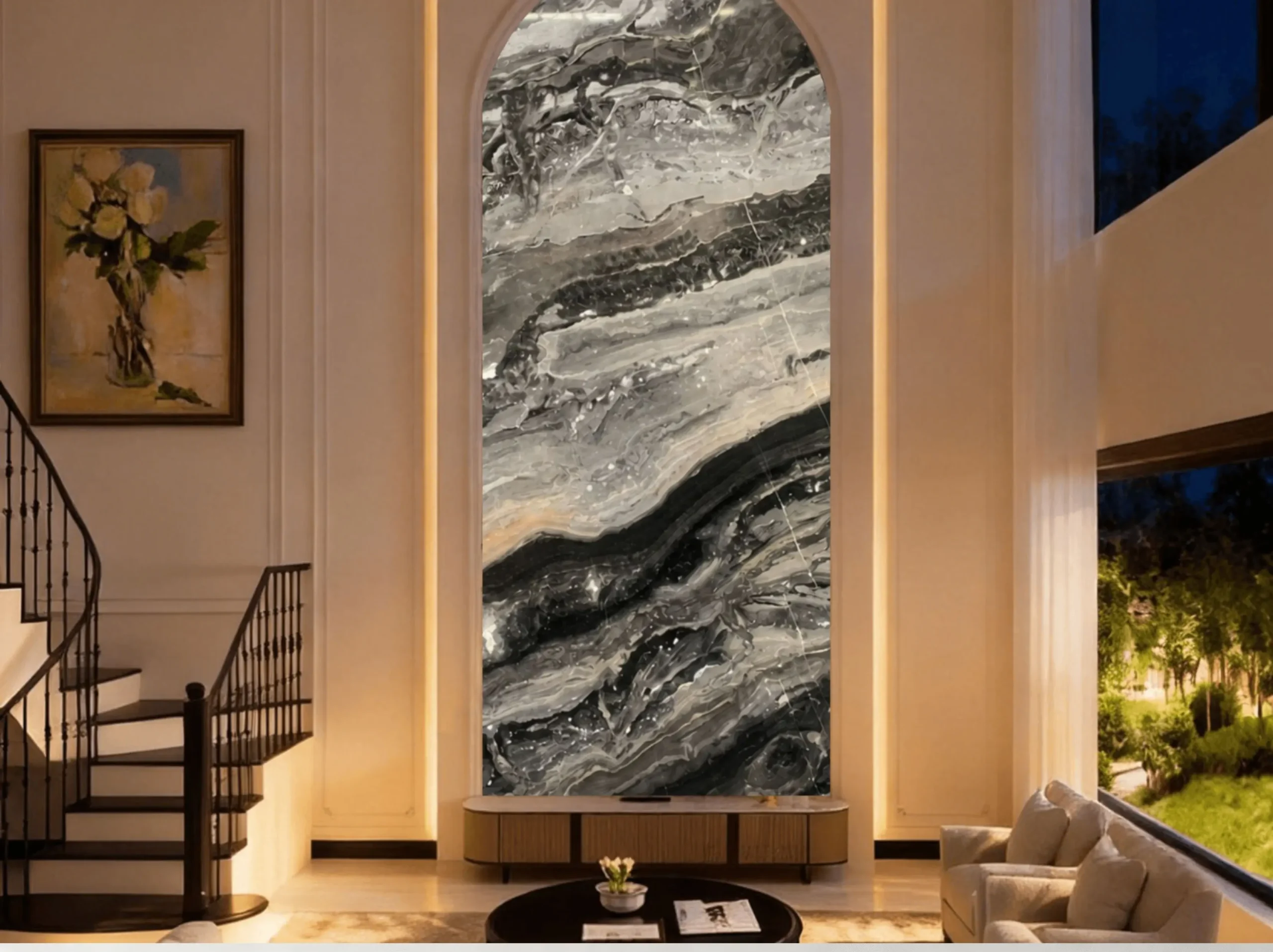 arabescato-grigio-marble-tall-villa-feature-wall-03.webp arabescato grigio marble tall villa feature wall with grey black veining