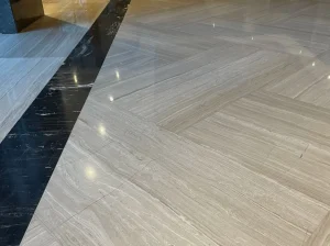 athens white marble polished floor application with beige grey wooden vein