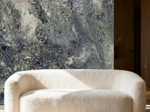 azul bahia granite sofa wall detail with blue grey and cream mineral texture