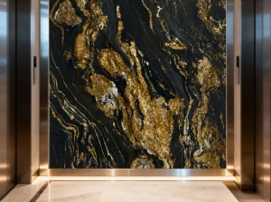 black fusion granite elevator lobby wall with black gold marble movement