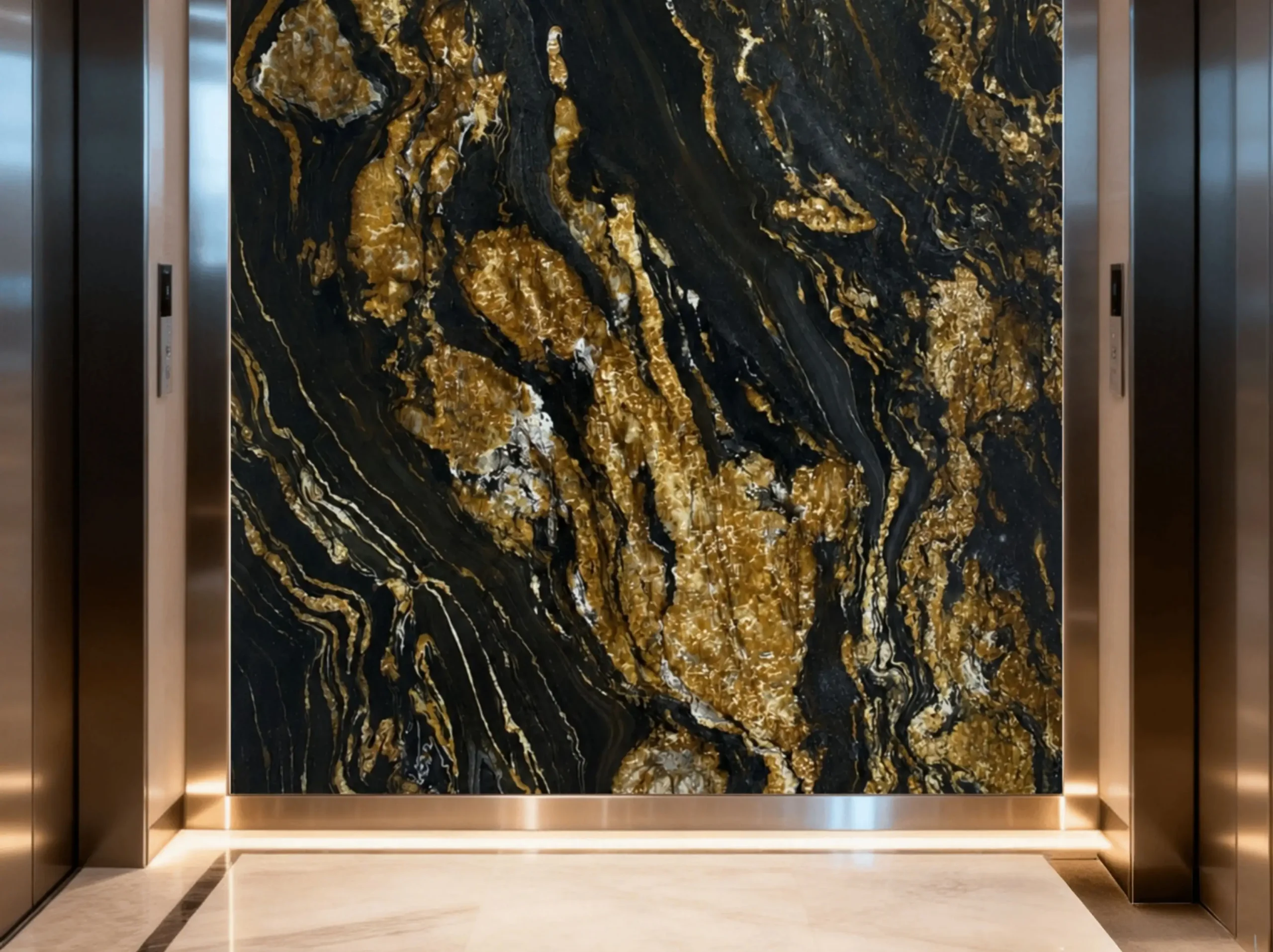 black-fusion-granite-elevator-lobby-wall-02.webp black fusion granite elevator lobby wall with black gold marble movement