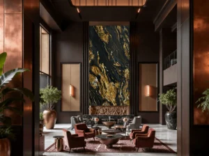 black fusion granite luxury lobby feature wall with gold mineral waves