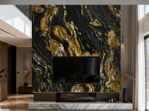 black fusion granite tv wall feature panel with black and gold natural texture