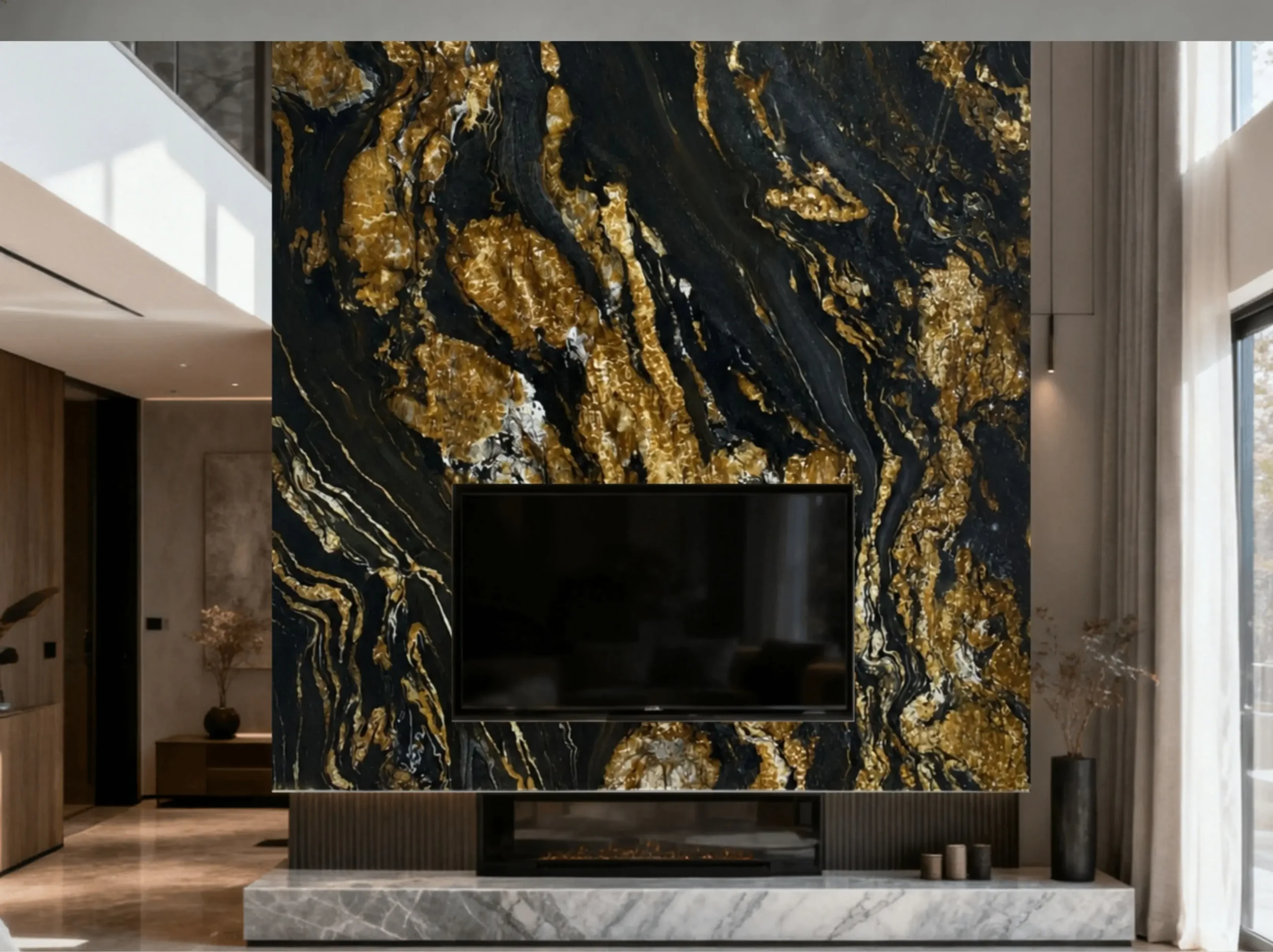 black-fusion-granite-tv-wall-feature-panel-01.webp black fusion granite tv wall feature panel with black and gold natural texture