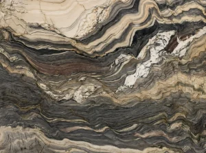 blue fusion quartzite close up flowing texture with cream grey and charcoal waves