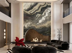 blue fusion quartzite fireplace feature wall with blue grey layered waves