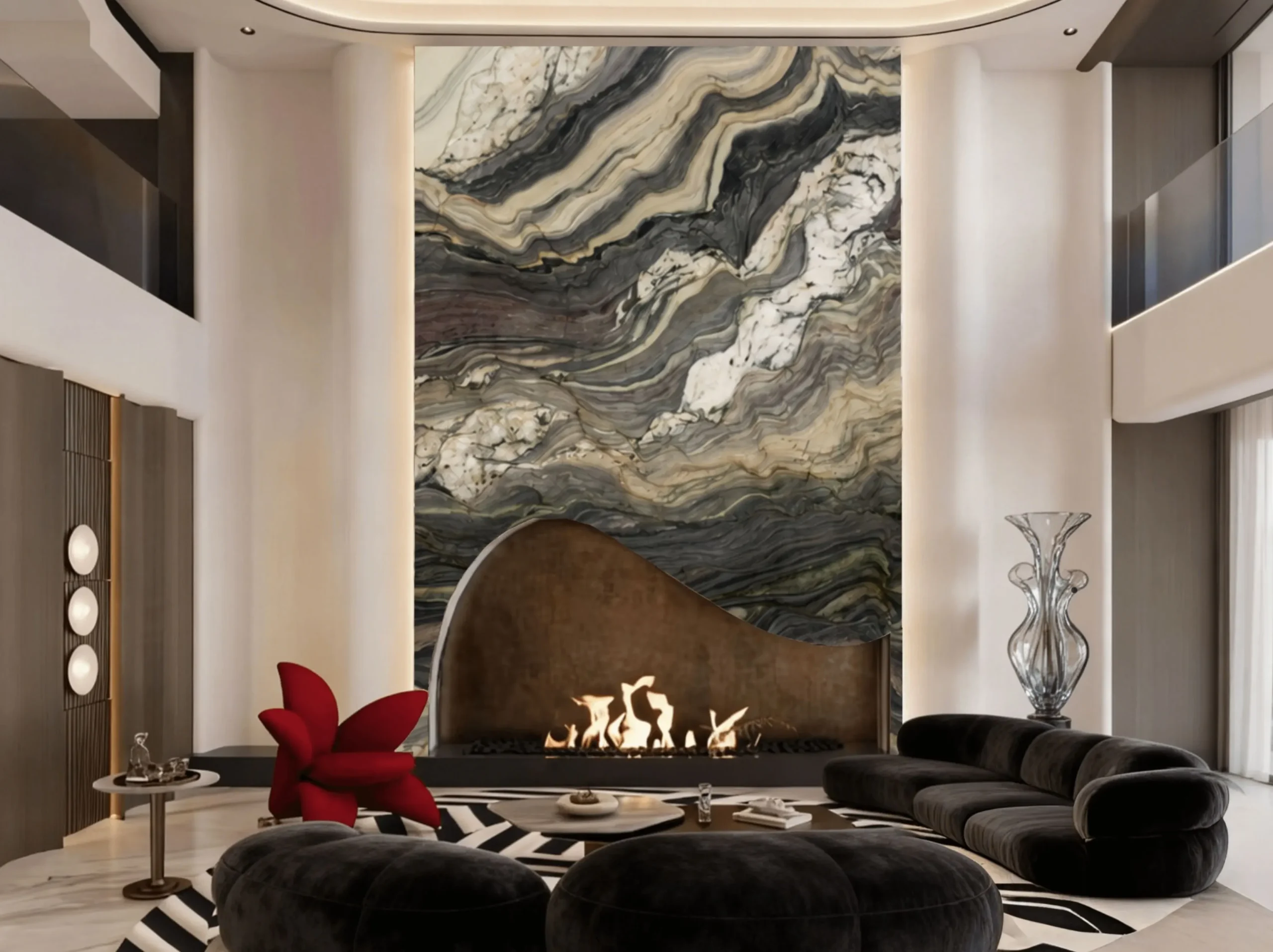 blue-fusion-quartzite-fireplace-feature-wall-01.webp blue fusion quartzite fireplace feature wall with blue grey layered waves