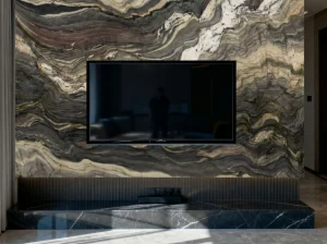 blue fusion quartzite tv wall panel with layered blue grey and cream veining
