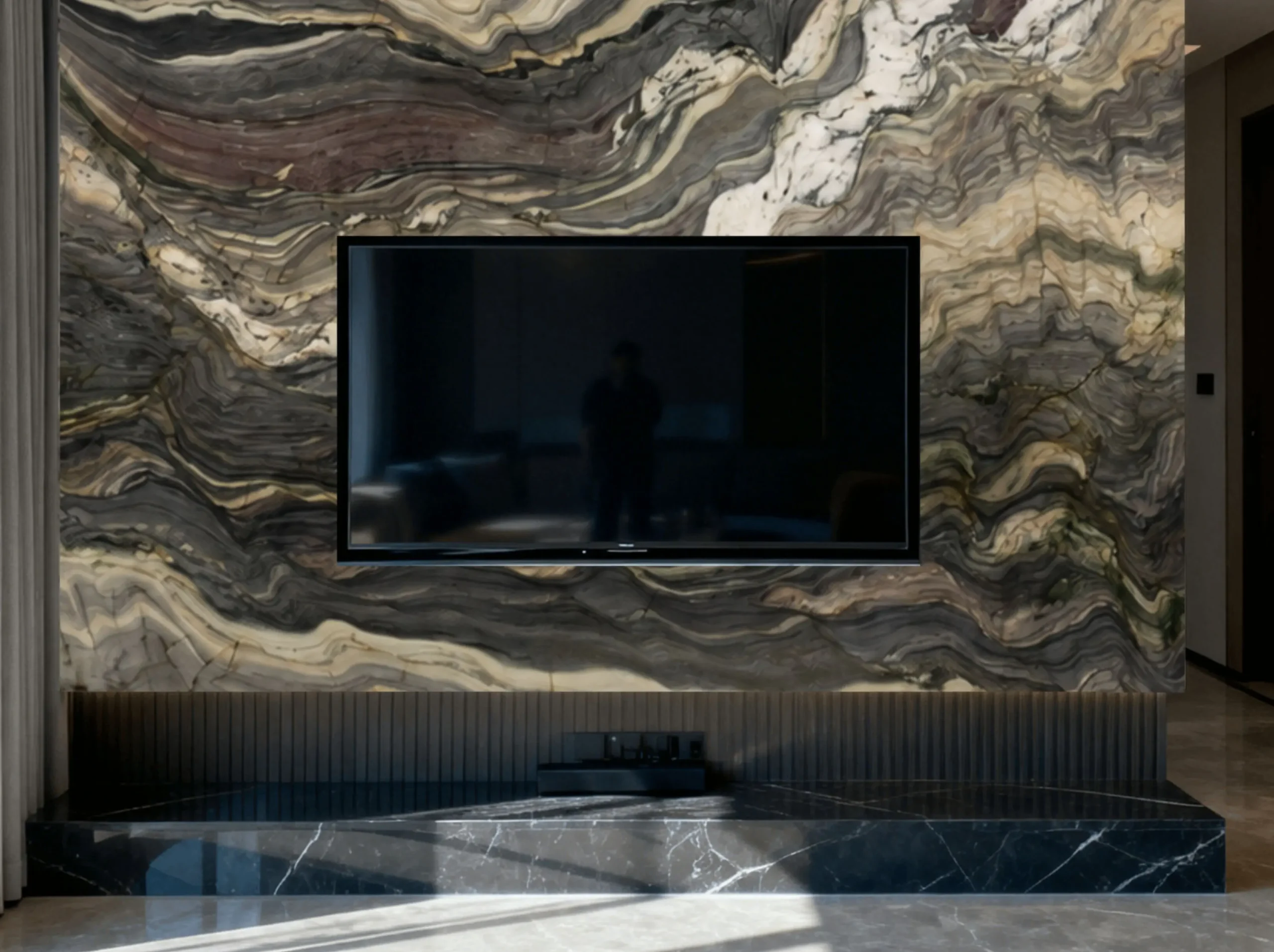 blue-fusion-quartzite-tv-wall-panel-03.webp blue fusion quartzite tv wall panel with layered blue grey and cream veining